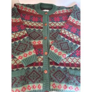 Icewear Iceland Pure New Wool Cardigan Sweater Mens Large Green Fair Isle Knit